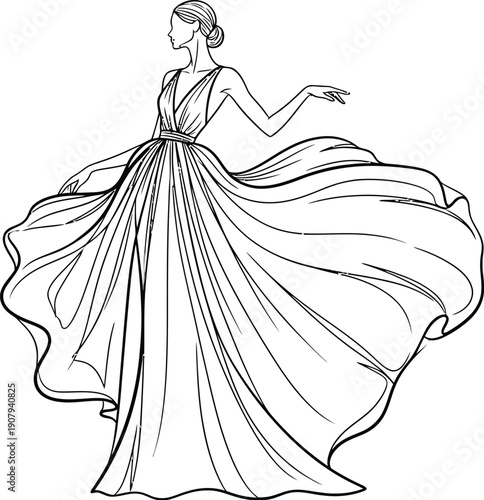 Elegant black and white line art illustration depicting a graceful woman wearing a voluminous flowing gown with a deep v-neckline perfect for fashion design.