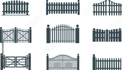 Fence and gate silhouettes collection isolated on white background, garden wooden metal fence icons set, flat vector illustration