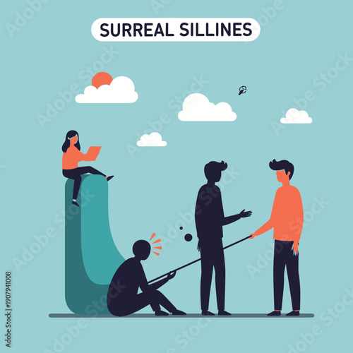 Abstract surrealism illustration of people interacting with shadows and symbolic shapes, representing connection and imagination