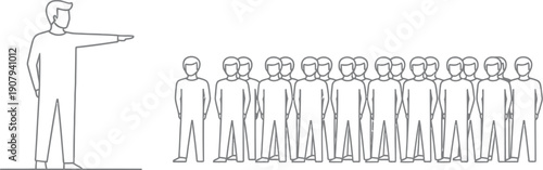 Minimalist line art drawing depicts a leader pointing forward guiding a large group of standing individuals illustrating direction and teamwork concepts.