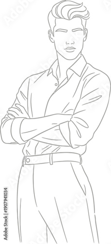 Handsome line art illustration of a stylish young man with perfectly coiffed hair standing confidently with arms crossed against a white background