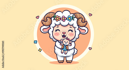 Cartoon sheep holding a teddy bear with flower crown illustration design