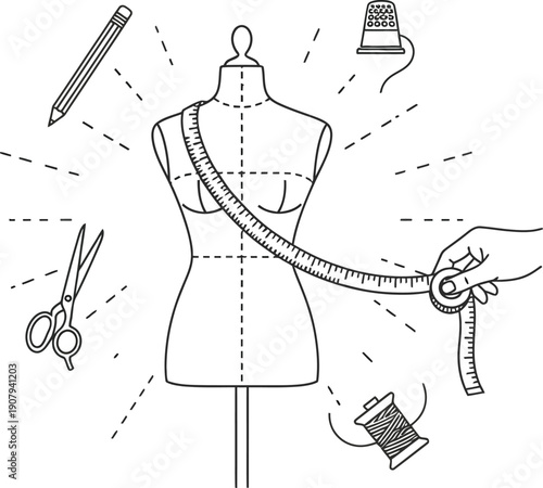 Illustration depicting essential tailoring tools centered around a dress form with a hand measuring the bust area using a tape measure.