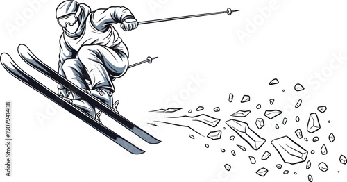 Skilled skier performs an aggressive jump off a slope creating a dramatic spray of shattered ice and snow in dynamic action illustration style