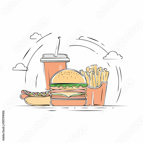 Line art illustration of a fast food meal burger, hot dog, fries, and soda