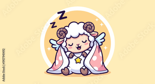 Cartoon sheep with wings sleeping peacefully against a soft yellow background
