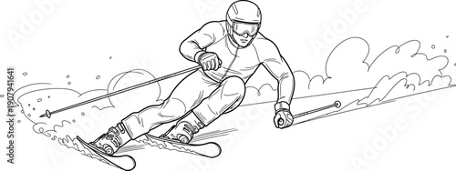 Dynamic black and white line art illustration depicting a downhill alpine ski racer executing a sharp turn while kicking up snow powder aggressively on a steep slope.