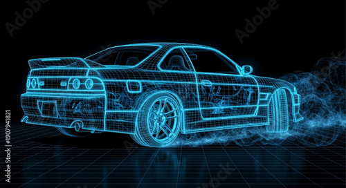 Neon Blue Car Outline Racing.