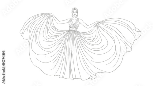Elegant fashion illustration line art drawing of a beautiful woman posing dramatically wearing a voluminous flowing gown with outstretched arms in motion