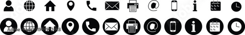 Contact us icon set, Essential contact information icons set. Containing contact information, website, location, address, telephone, mail and more, calendar time icons. Vector illustration