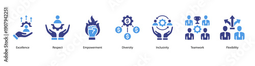 Workplace Culture web banner vector illustration featuring Excellence, Respect, Empowerment, Diversity, Inclusivity, Teamwork, and Flexibility.