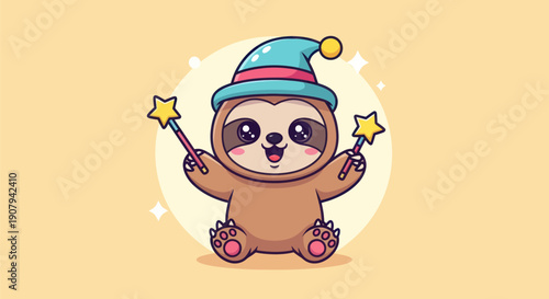 Cartoon sloth with magic wands and wizard hat isolated on yellow background