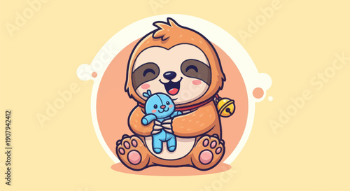 Cartoon sloth with plush toy happy smiling cheerful on yellow background