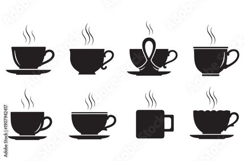 Set of Hot Tea Icons on White Background, Minimalist Beverage and Drink Illustration