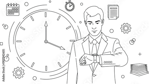 Focused businessman diligently checking his wristwatch while surrounded by abstract symbols representing time management scheduling planning and organizational tasks