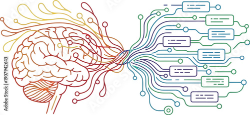 Conceptual line art illustrating the complex flow of human thought processes connecting directly to digital circuits representing artificial intelligence processing data.