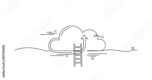 Minimalistic cloud storage concept with ladder and arrow illustration. None editable stroke