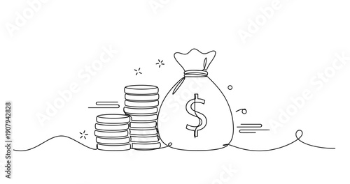 Minimalist line drawing of money bag and coins with dollar sign. None editable stroke