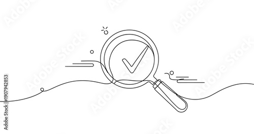 Minimalist magnifying glass with checkmark symbol in line art design. None editable stroke