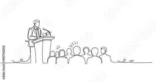 Caucasian male speaker addressing audience in line art illustration with microphone and podium. None editable stroke