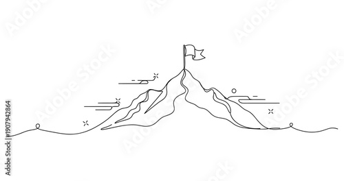 Minimalist mountain illustration with flag outline on summit. None editable stroke