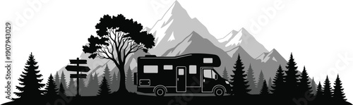 Black and white illustration of camper van parked in front of mountain range with trees and signpost