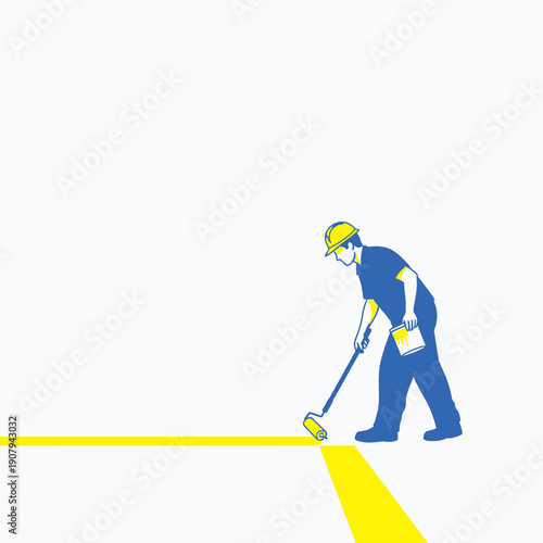 Maintenance staff painting a yellow safety line on a warehouse floor