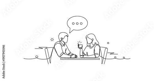 Line art illustration of two adults talking over coffee at a table. None editable stroke