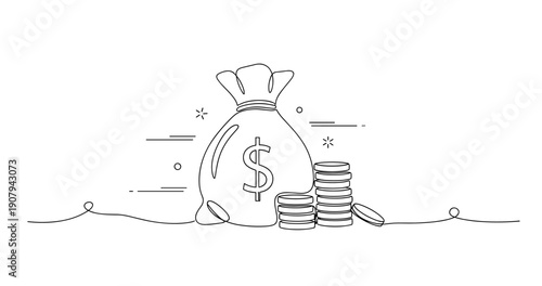 Outline of money bag and stacked coins with dollar symbol. None editable stroke