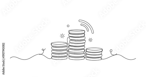 Minimalist line art of stacked coins with decorative elements. None editable stroke
