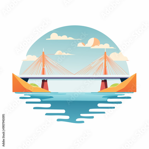 Iconic Cable-Stayed Bridge Structure Over Water with Blue Sky and Clouds