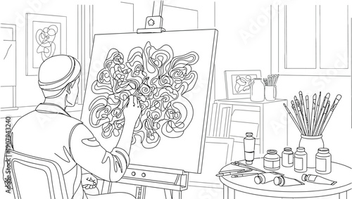 Artist intently focused on creating a complex abstract line drawing on a large canvas mounted on an easel within a creative studio setting