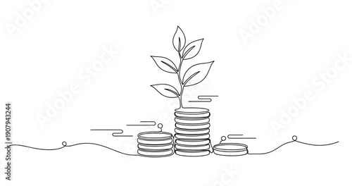 Line art of plant growing on stacked coins representing financial growth. None editable stroke