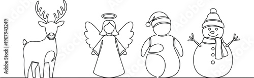 Black and white line drawing of Christmas characters with reindeer angel snowman and snowman