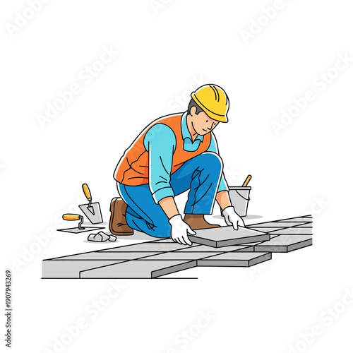 Mason laying stone tiles on a walkway illustration