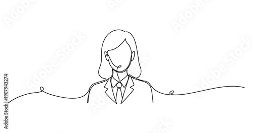 Continuous line drawing of female customer service representative with headset. None editable stroke