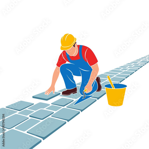 Mason laying paving stones on walkway with trowel