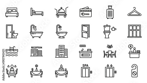 Collection of hotel service icons for travel and hospitality industry.