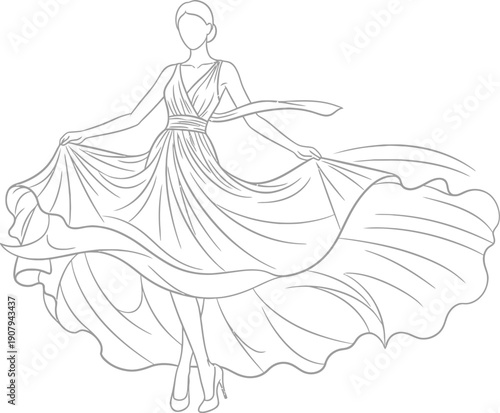 Elegant line art drawing depicting a graceful woman wearing a flowing, wide skirted evening gown spinning joyfully with delicate ribbons extending outward.