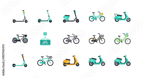 Collection of electric scooters bicycles and mopeds.