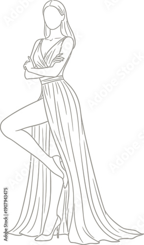 Elegant line art drawing depicting a poised fashion model striking a dynamic pose wearing a flowing high-slit evening gown and high heels