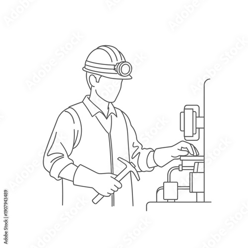 Mechanic performing maintenance on industrial machinery with hammer