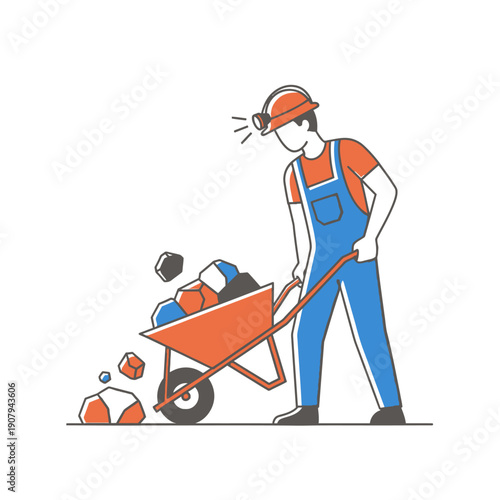 Miner emptying rocks from wheelbarrow in underground site