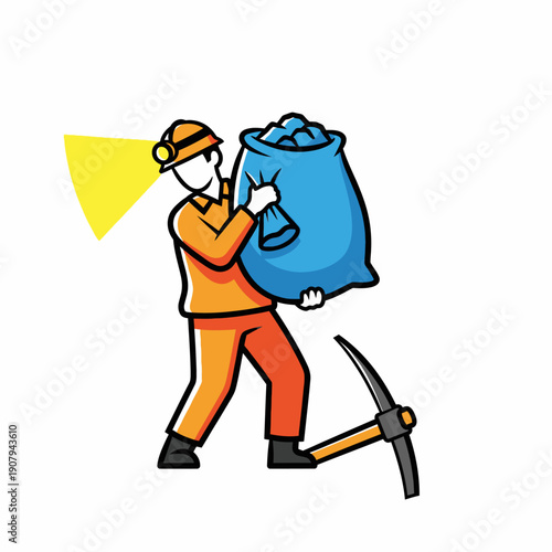Miner carrying heavy sack of coal with pickaxe