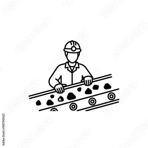 Miner monitoring ore on a conveyor belt line art