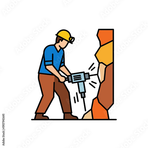 Miner operating pneumatic jackhammer on rock wall illustration