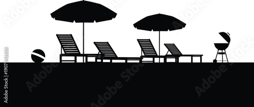 Black silhouette of beach chairs and umbrellas with a grill and ball on white background