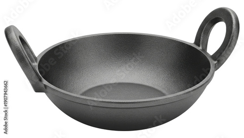 Deep black cast iron wok pan with two handles for preparing food on a transparent background