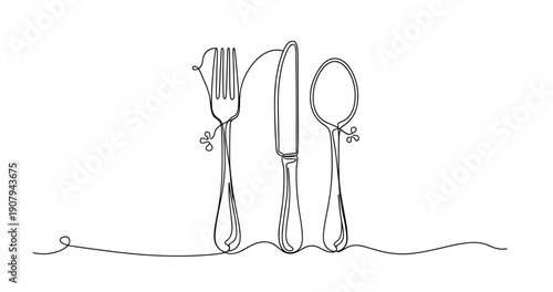 Continuous line drawing of cutlery: fork, knife, and spoon on white background. None editable stroke