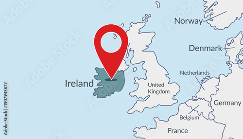 Ireland on the Europe map with pin location marker. Vector flat template.
